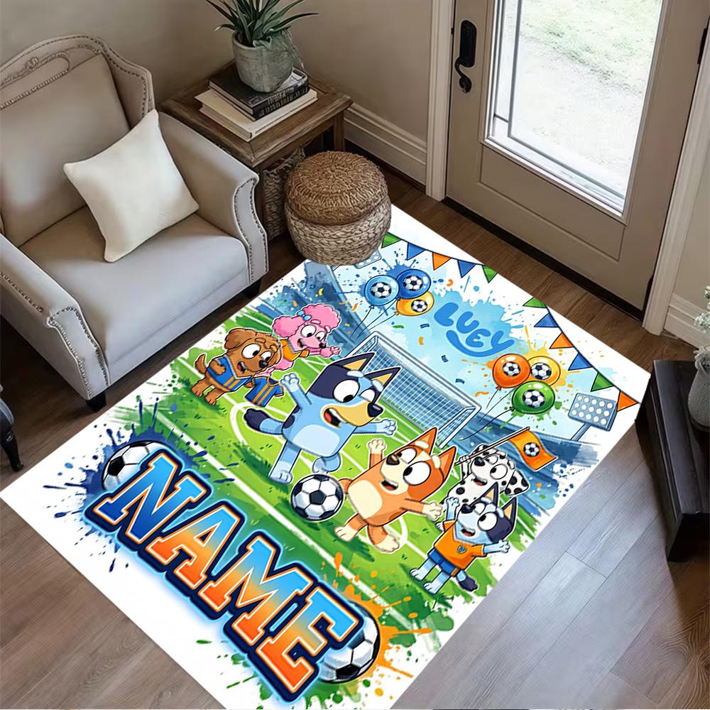 Bluey's Soccer Fun Customized Name Floor Rug Office Rug Suitable for Bedrooms Playrooms Kitchen Dormitory Anti-slip Rug Decorate Offices