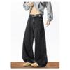 Men Black Structured Split Curved Blade American Retro Loose Straight Long Denim Jeans
