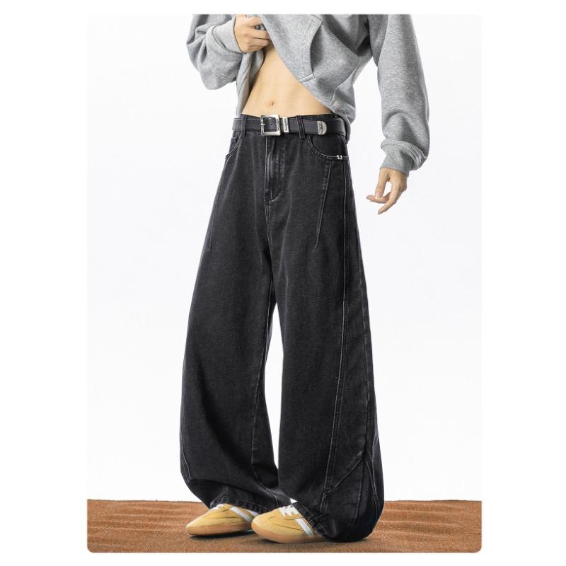 Men Black Structured Split Curved Blade American Retro Loose Straight Long Denim Jeans