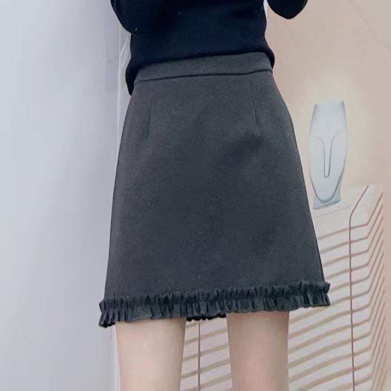 Spring 2026 High-Waisted A-Line Ruffled Wool Mini Skirt Medium: 90-108 jin серый