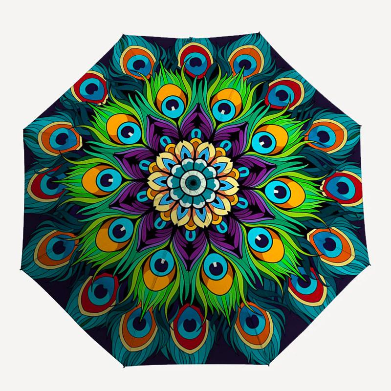1pc Peacock Feather Mandala Automatic Folding Umbrella - Portable 3-Fold Design with 8-Bone Iron Frame for Outdoor Use, Festive Gift, Travel, Daily Us