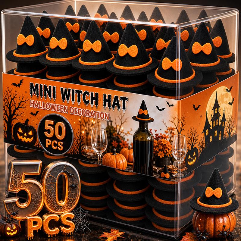 50/1Pcs Halloween Miniature Witch Hats Felt Bow Ornaments for Doll Figures Bottles Cupcakes Home Table Party Decoration Supplies