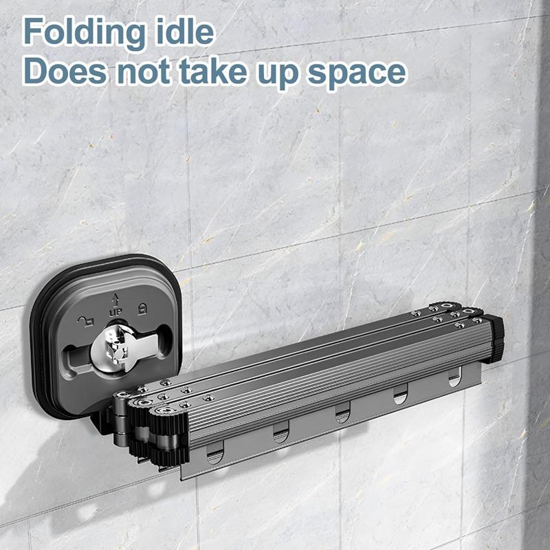 Suction Wall Mount Folding Clothes Drying Rack With Retractable Suction Cup Extension Pole Reusable 3-Fold Clothes Drying Rack