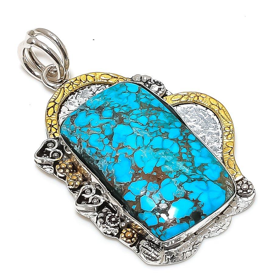 

Двухцветный кулон из стерлингового серебра 925 пробы с натуральным тибетским бирюзовым камнем 2,25 дюйма F1t91