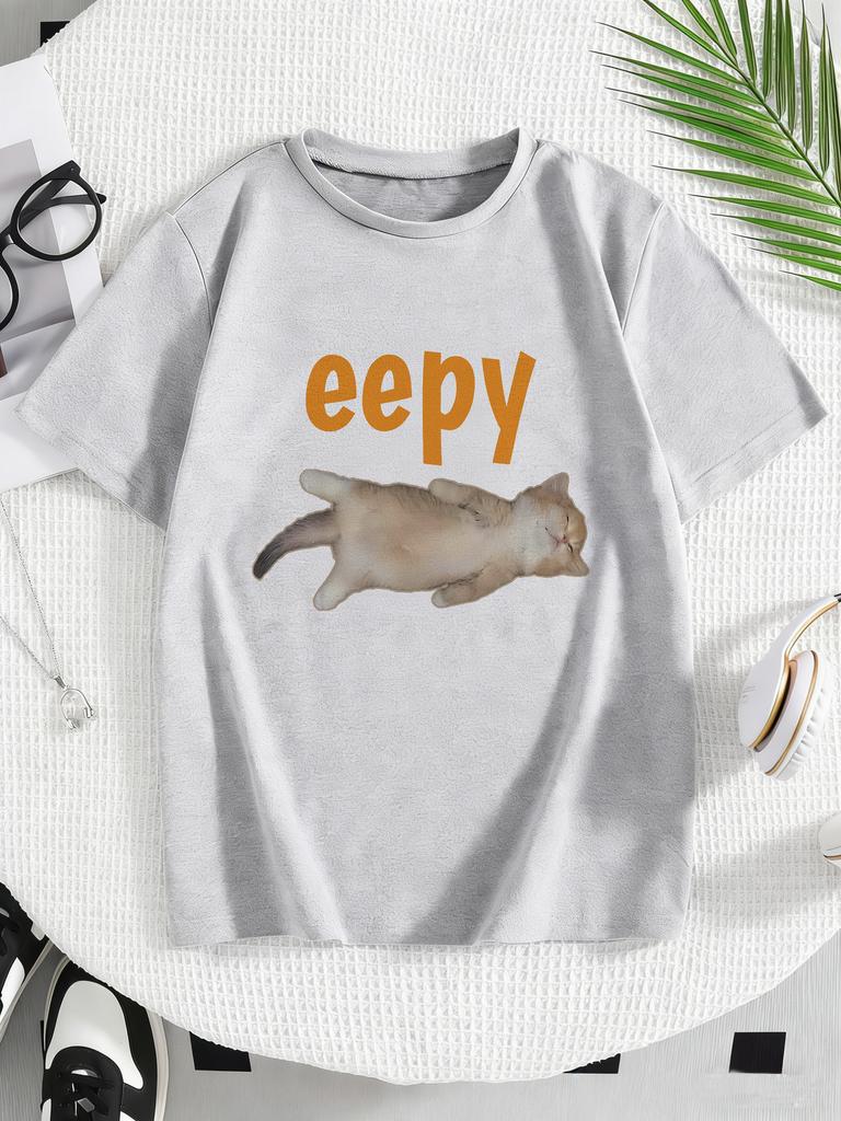 Eepy Cat Design Printed Funny T Shirts Kids Children's T-shirt Boys Girls Summer Spring Casual Top Tee Shirt