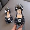 Nuovo stile primaverile fiocco con perle scarpe basse da principessa per bambina, scarpe in pelle, performance di danza