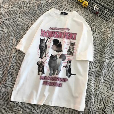 100% Cotton Tee Shirt Summer Vintage Funny Cartoon Cat Print T Shirt for Women Clothes Harajuku Oversized T-shirts Y2k Tops UNISEX Hip Hop Streetwear