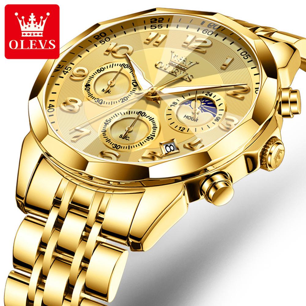 OLEVS Luxury Business Gold Stainless Steel Men's Watch Luxury Calendar Chronograph Moon Phase Quartz Watch Men's Clock