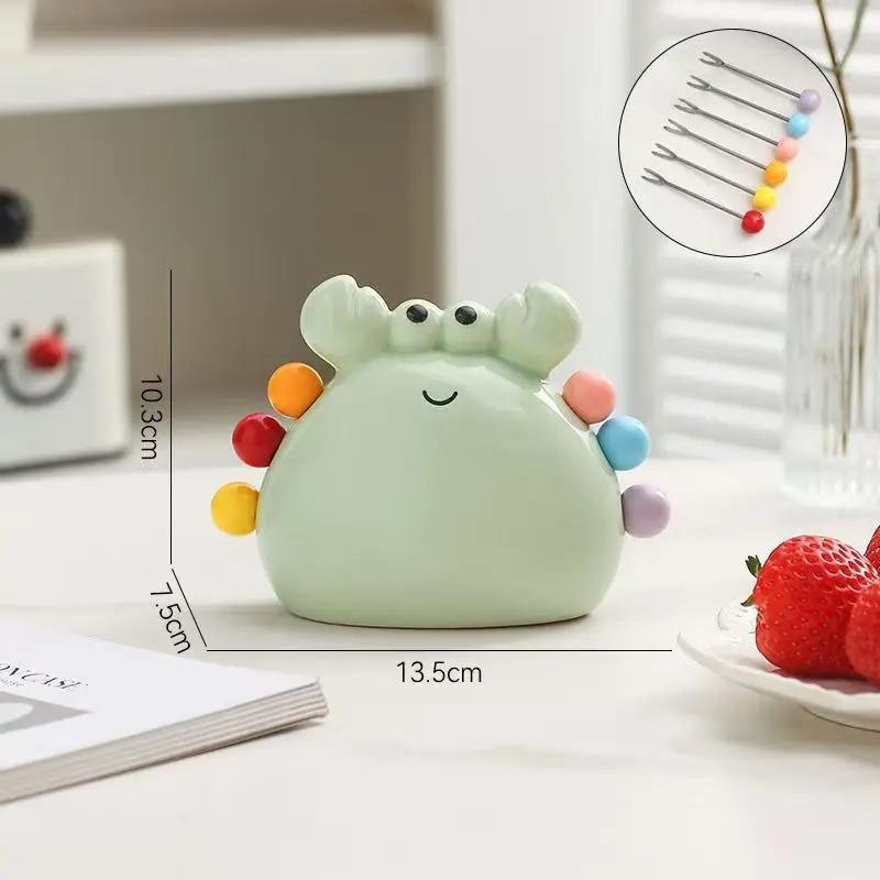 6pcs Cute Stainless Steel Dessert Fruit Forks Set with Ceramic Crab Shaped Storage Jar