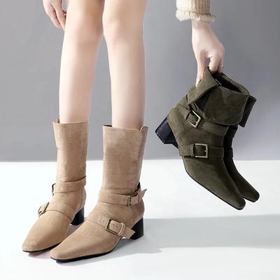 Moda Moda Szpiczasty Nosek Zamszowe Ciepłe Botki Damskie 2025 Zima Gruby Obcas Metalowa Klamra Paska Design Nowoczesne Buty dla Kobiet Mujer