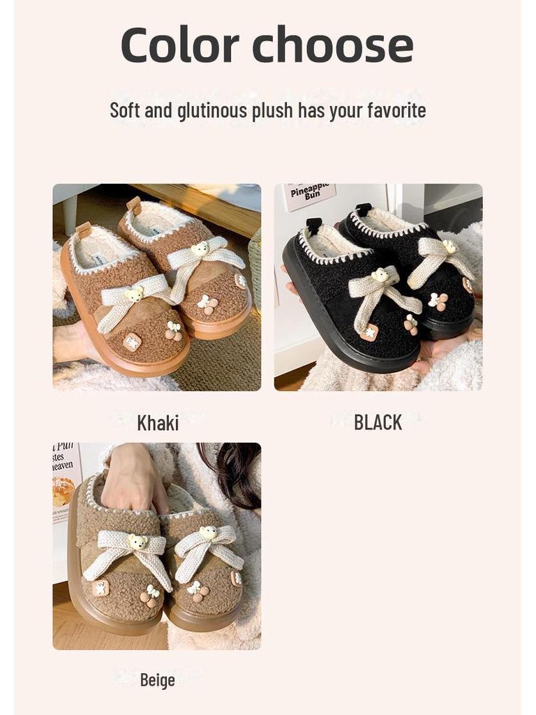 Damen-Hausschuhe aus Baumwolle mit Plüschbärenmotiv – dick, warm, Winterschuhe für drinnen und draußen