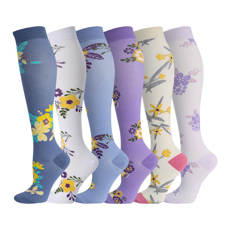 6 Paare Kombi: Gemusterte Kompressionssocken zum Laufen, für Yoga und Sport - Schweißabsorbierend, atmungsaktiv, schnelltrocknend, Wadenstrümpfe für den Herbst