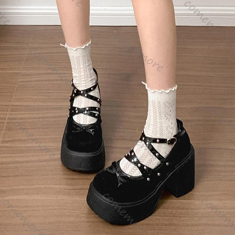 Fashion Comemore Temperament Black Silver Shallow Mouth Thick Heeled Pumps for Women Spring Autumn Platform Mary Jane Heeled Single Shoe