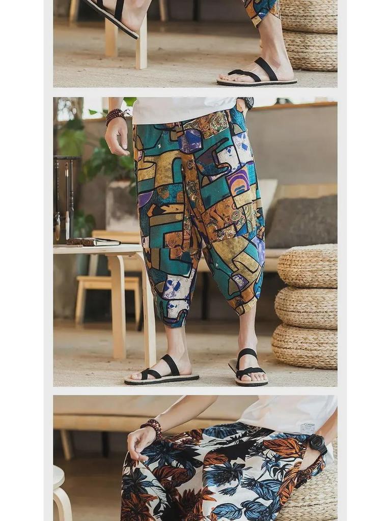 Herren Chinesischer Stil Locker Leinen Strandshorts - Trendiges 7/8 Laternen-Design