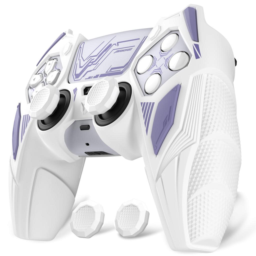 PlayVital PS5 Controller Silicone Mecha Rhino Shockproof Protective Easy Includes Thumb Grips and Compatible with Charging White and Light Purple
