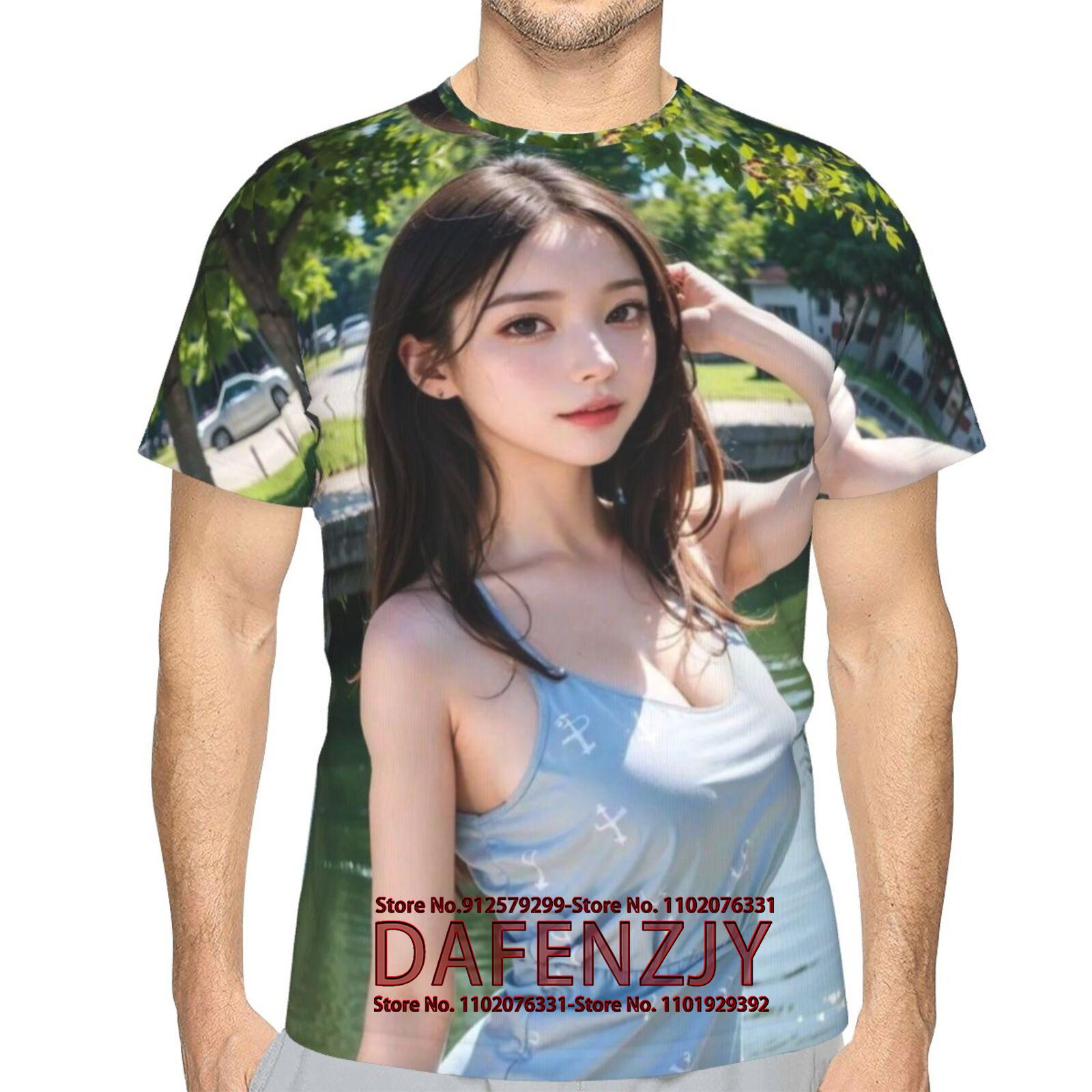 

Літня футболка для чоловіків Sexy Asian Beauty Graphics 3D Print Модна футболка з коротким рукавом Чоловічі повсякденні футболки Вуличний одяг One Size небо синє кольору