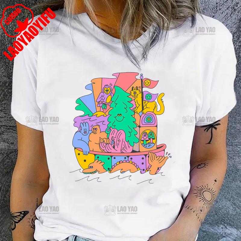 Clothes for Women Summer Fashion Art Design Illustration Printed Tshirt Colorful Cartoon Creative Streetwear Unisex Shortsleev S