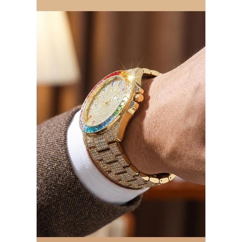 Luxury Gold Iced Out Men's Quartz Watch Rainbow Bezel Full Diamond Dial Hip Hop Bling Wristwatch for Men