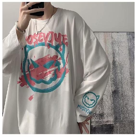 2024 Men's Long-Sleeved T-shirt Autumn Undershirt Long Sleeve Cotton Autumn Hong Kong Style Printing Loose Trendy Top