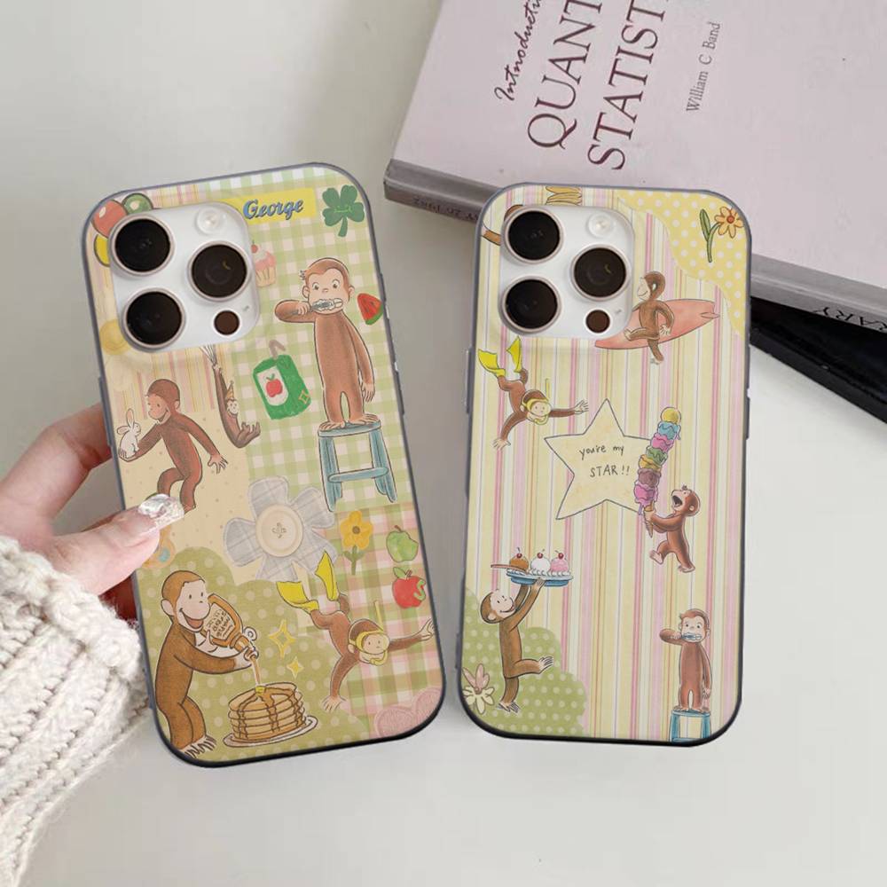 Lovely Cartoon C-Curious Georges Corrugated Stripe Phone Case For iPhone 17 16 15 14 13 12 11 Pro Max Plus Pro Shockproof Cover