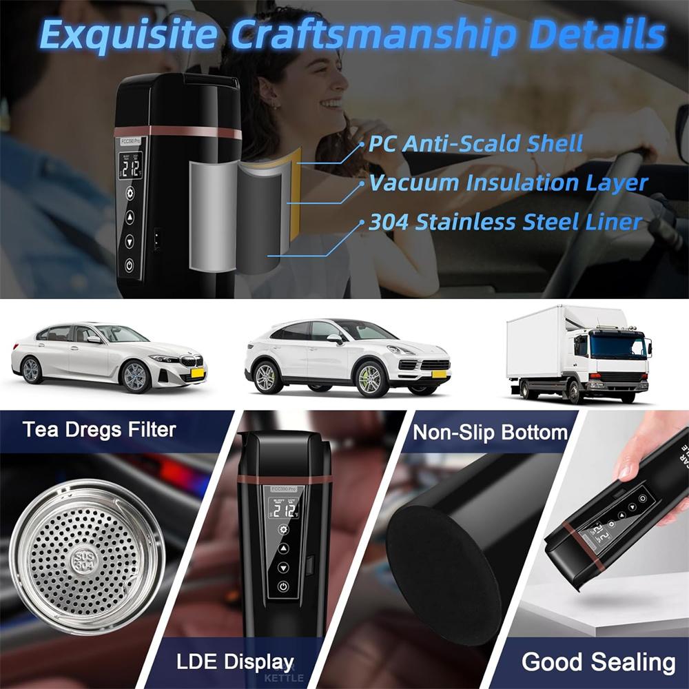 Car Electric Kettle:12V/24V Portable Water Boiler Heated Travel Mug,Multiple Temperature Adjustable Coffee Tea Truck Cup