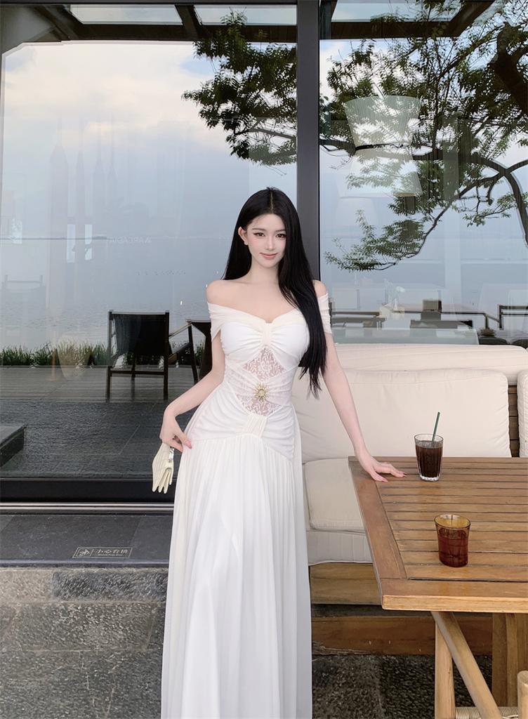 French White One-word Shoulder Dress Female Halter Waist Long Dress Vacation Temperament Fairy Dress