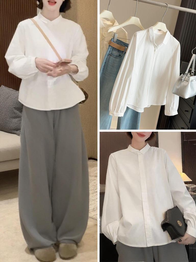 Women's Spring Slimming White Lapel Shirt - 2026 Trendy Korean Style Long Sleeve Versatile Top