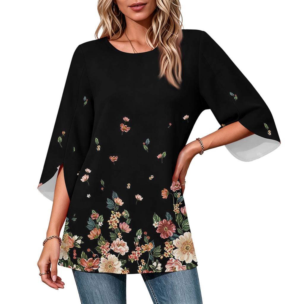 Women's Color Neck Three-Quarter Sleeve Casual Top