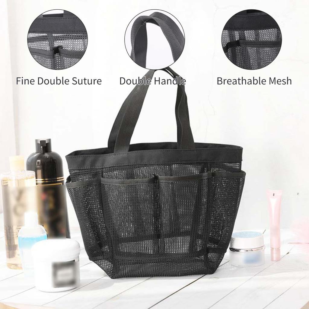 Mesh Shower Tote Bag with 7 Pockets Handle Bath Organizer Quick Dry Hanging Toiletry Bag for College Dorm Gym Bathroom