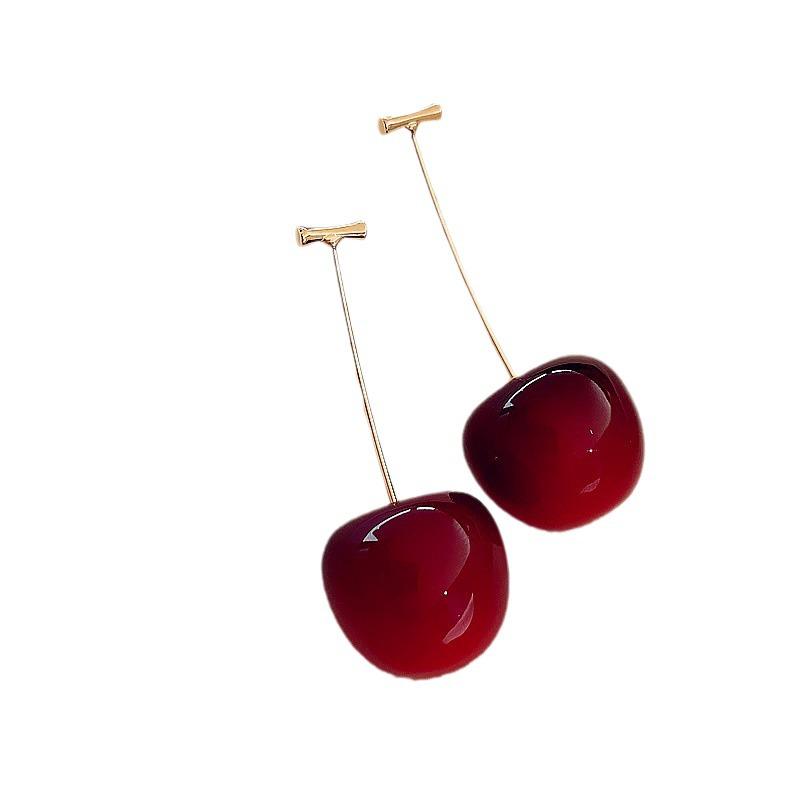High-End Red Cherry Earrings for Women – Cute Long Ear Ornaments, Perfect for Summer