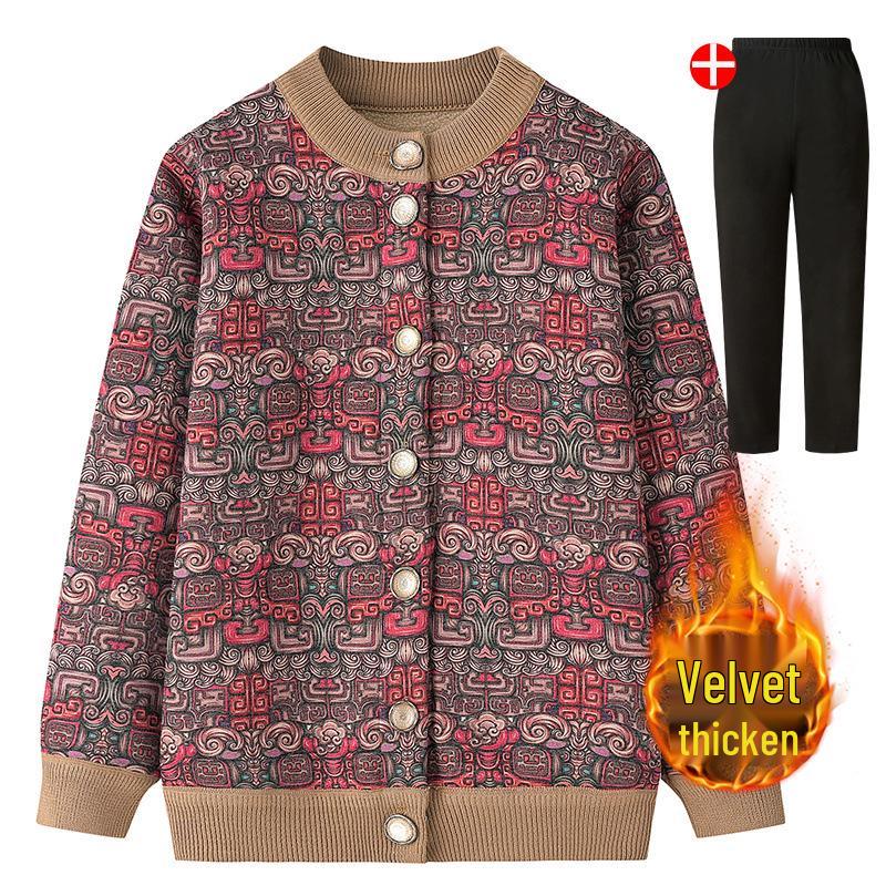Women's Fleece-Lined Knitted Cardigan - Warm Autumn Winter Jacket for Elderly Ladies
