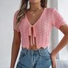 Top all'uncinetto da donna, a maniche corte, con lacci, design traforato, maglia, protezione solare, top estivi per le vacanze