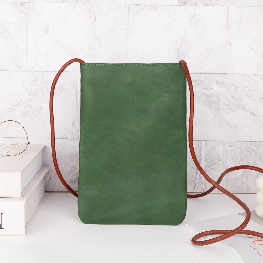 Dámska mini crossbody taška na mobil z pravej kože - Jednoduchá, jednofarebná, všestranná kabelka na rameno do ruky pre vonkajšiu módu