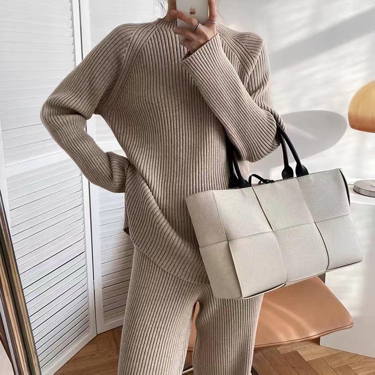 2025 Spring Elegant Solid Color Knit Sweater & Wide-Leg Pants Two-Piece Set for Women
