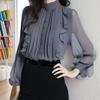 Women Fashion Ruffled Stand Collar Long Sleeve Chiffon Blouse Top