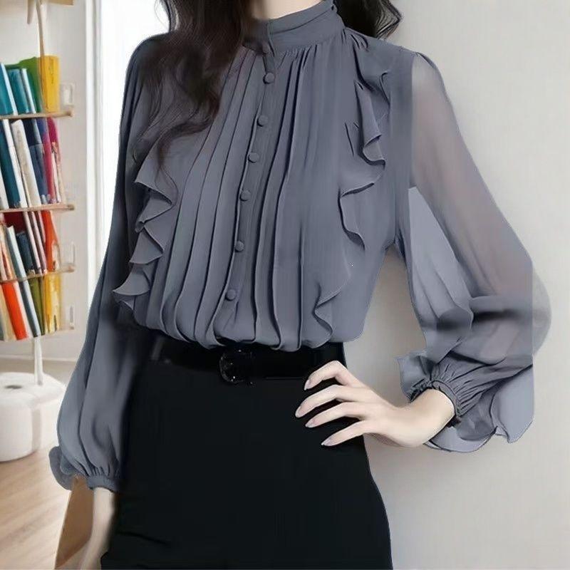 Women Fashion Ruffled Stand Collar Long Sleeve Chiffon Blouse Top