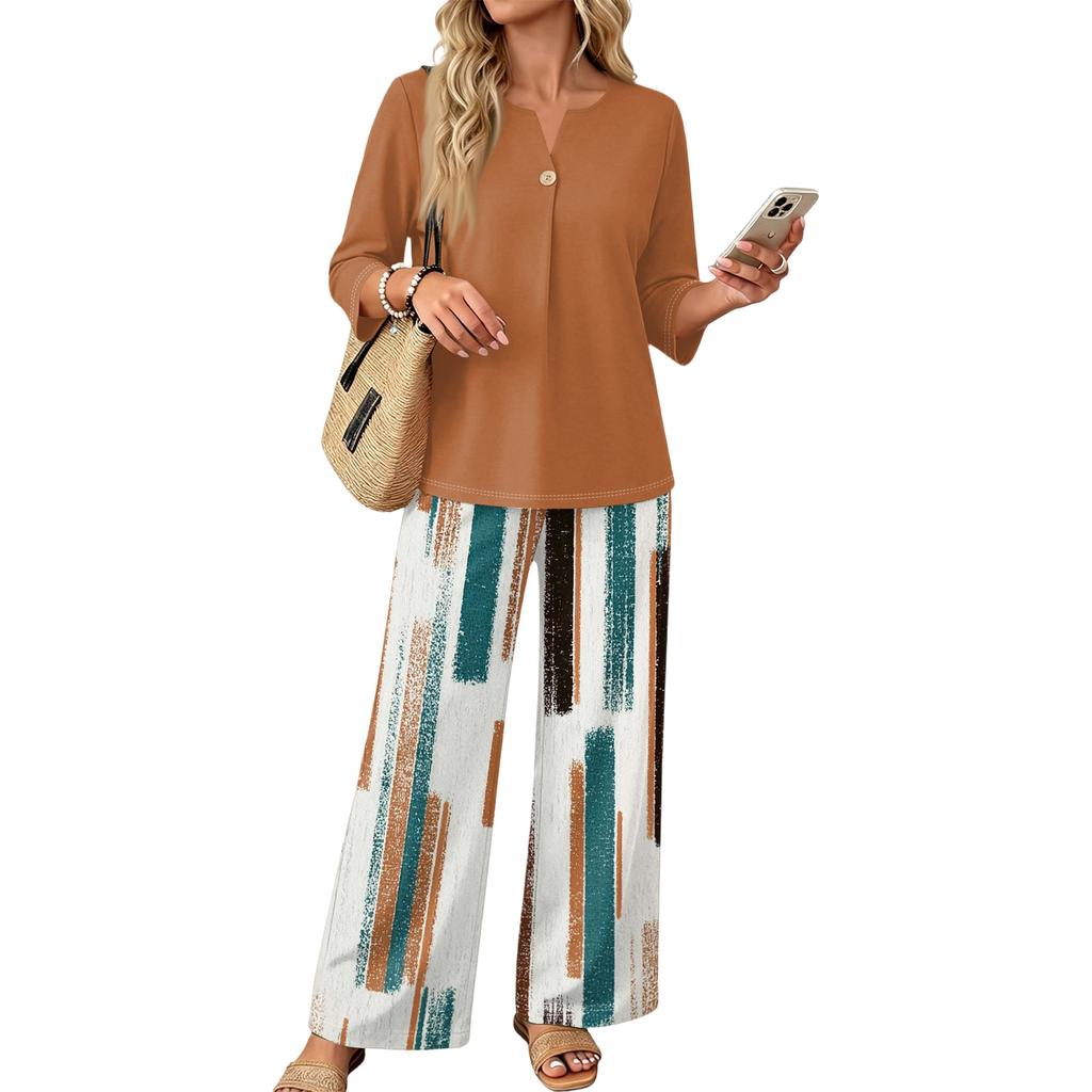 Women’s Casual Printed Button Top and Wide Leg Pants Two Piece Set with Three Quarter Sleeves Relaxed Fit Outfit for Daily Wear