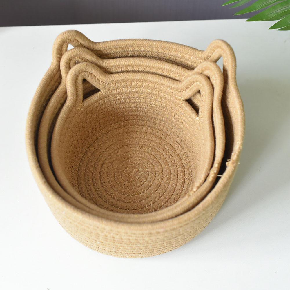 Storage Basket Cotton Basket Woven Basket Rattan Cat Ears Round Storage Basket Table Top Storage Hand-woven