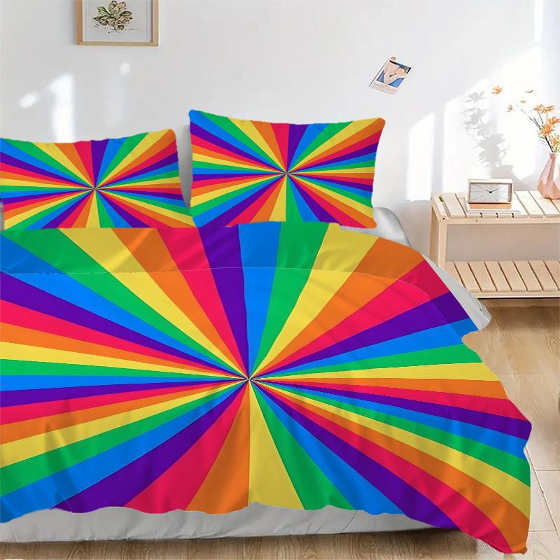 3pc Rainbow Stripes Cover Set - 1 Quilt Cover + 2 Pillowcases, All Seasons Bedroom Setting, Perfect for Home080