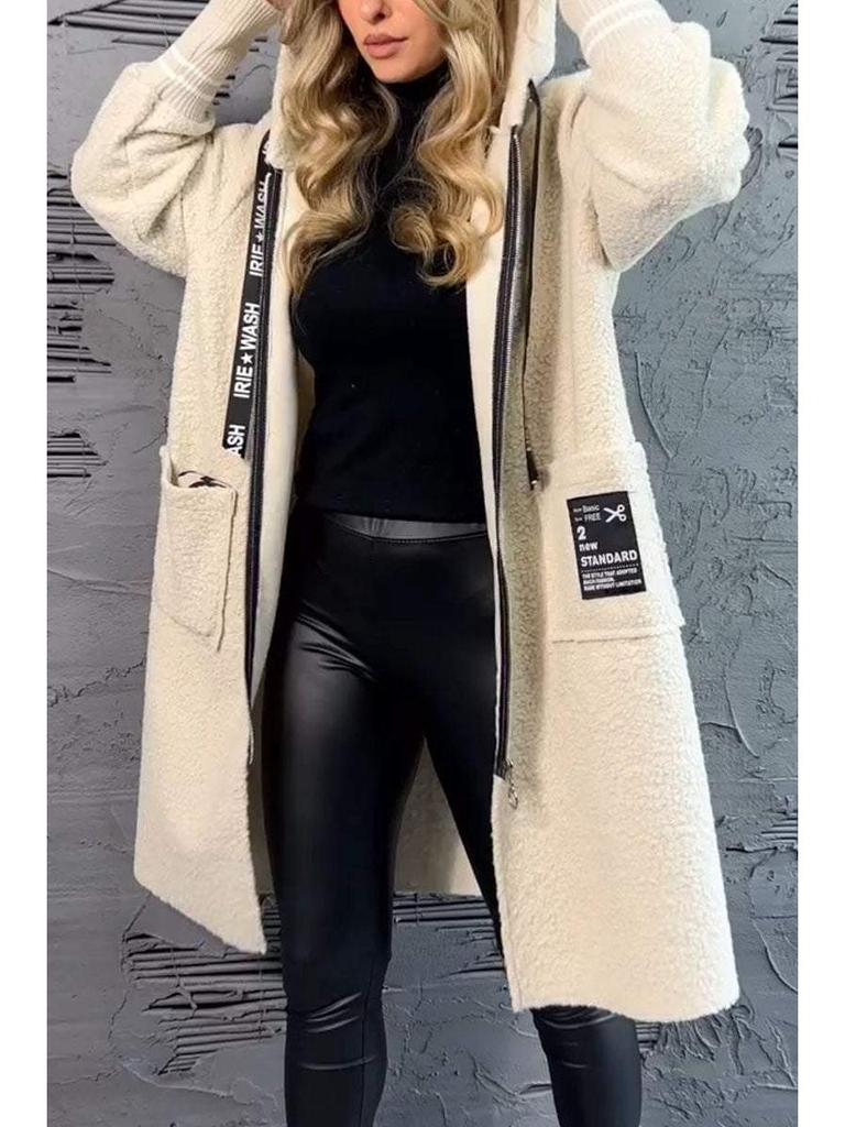 2024 Casual Lambswool Patchwork Letter Hooded Coat with Drawstring Zipper
