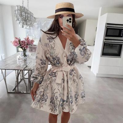 Women's Fashion Vintage Elegant Temperament V-neck Lantern Sleeve Cotton Linen Print Trend Lace-up Dress