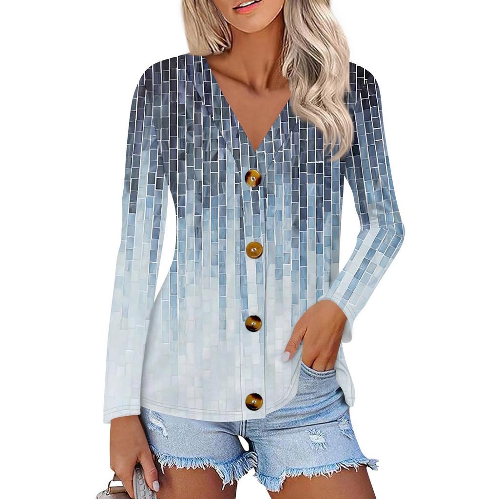 Women's Fashion Casual Print Button-down Shirt Long Sleeve Tops