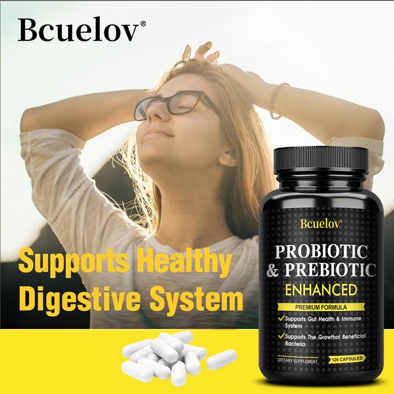 Bcuelov Enhanced Probiotics and Prebiotics Capsules with 440 million active bacteria to protect intestinal health and enhance immunity