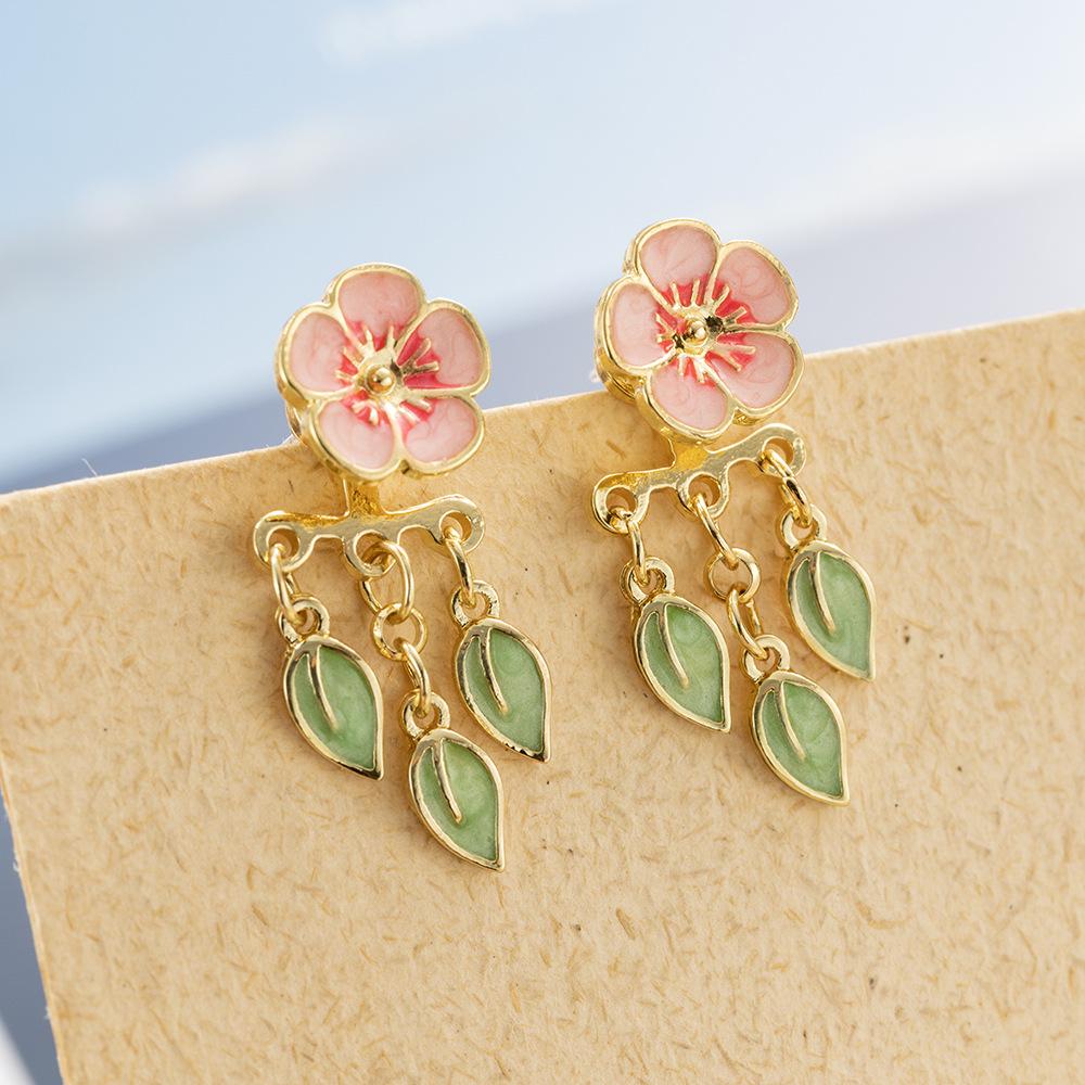 Stereo Peach Blossom Leaf Bordered Dangle Earrings, Alloy Baking Paint Bohemian Japanese And Korean Cute Style Drop Earrings For Women