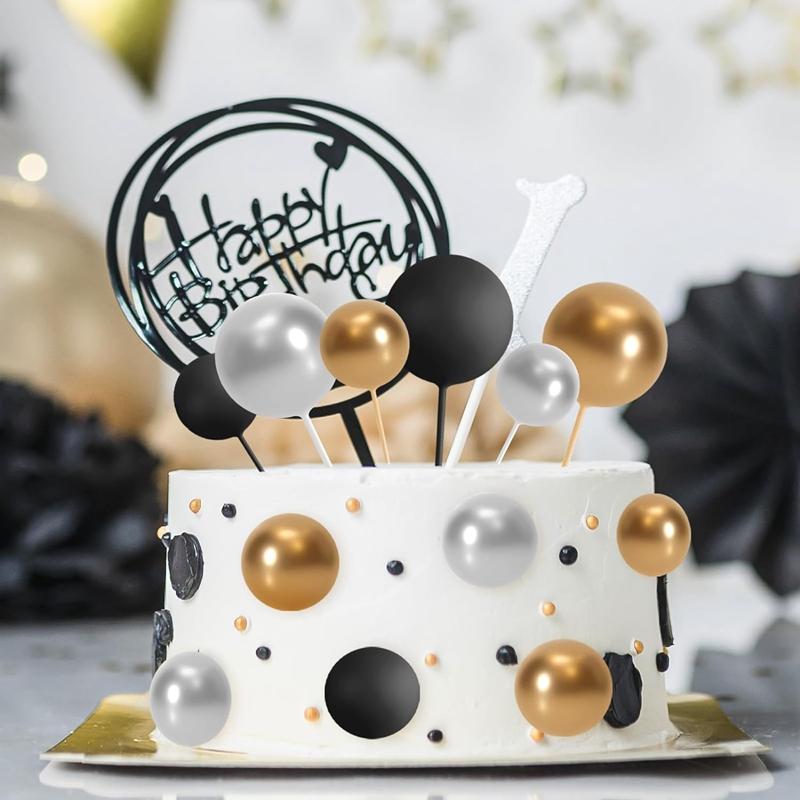 20Pcs Cake Decoration Gold Silver Ball Happy Birthday Cake Topper Ornament Cupcake Flag Wedding Ball Decor Baby Birthday Decor