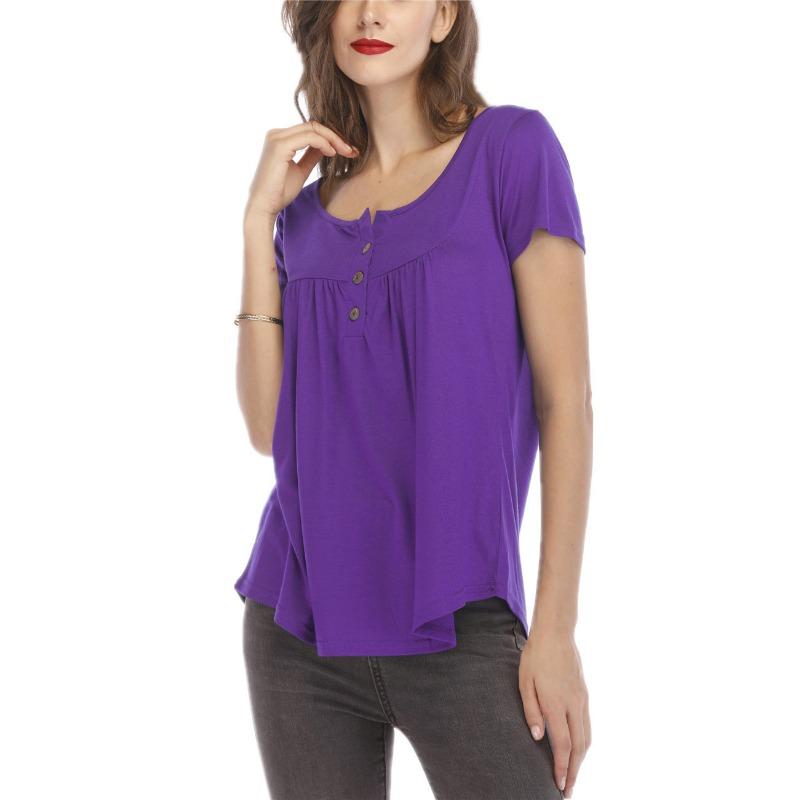 Women Multicolor V Neck Button Decor Short Sleeve Pleated Loose Tunic Blouse
