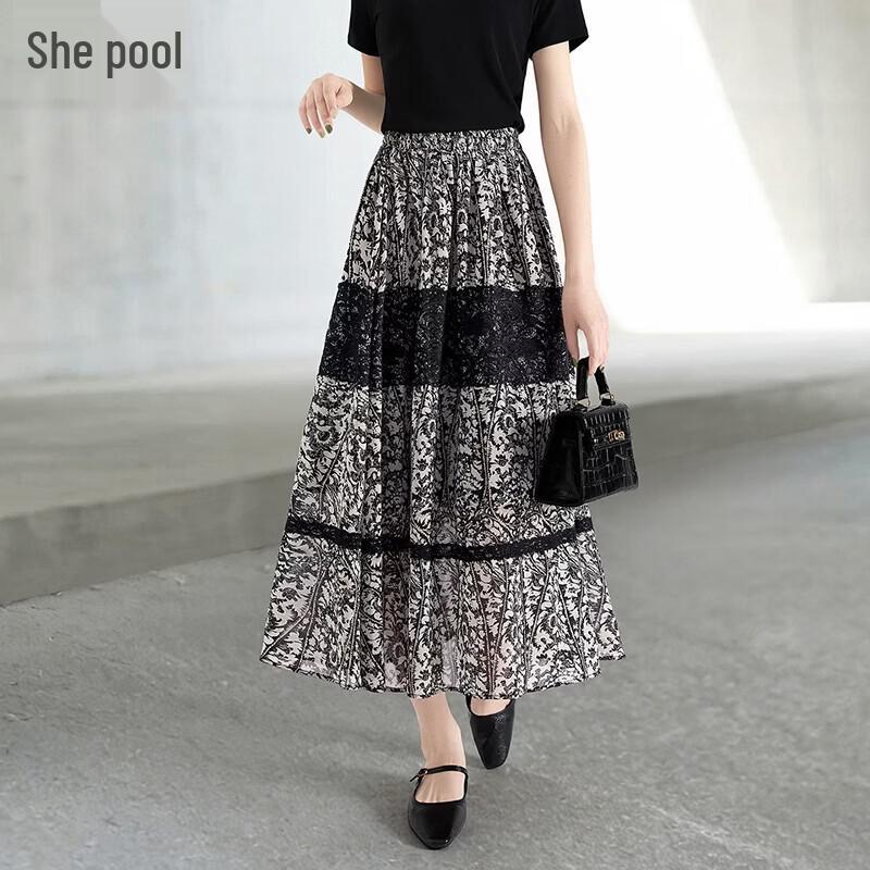 Women s Floral Lace Chiffon Midi Skirt with Elastic Waist L