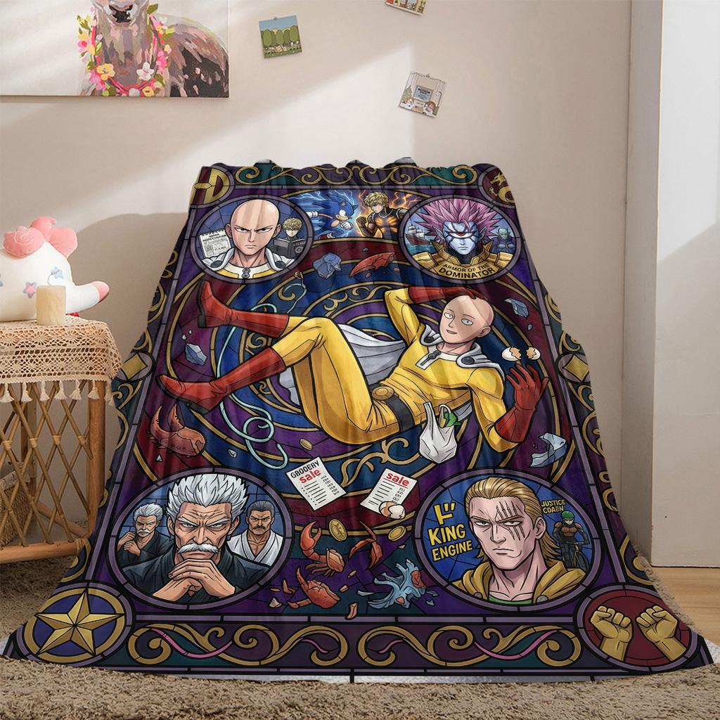 One Punch Man Stylish 2D Cartoon Flannel Blanket, Printed Decor for Sofa, Soft Bedding Travel Picnic Rug_LIAN
