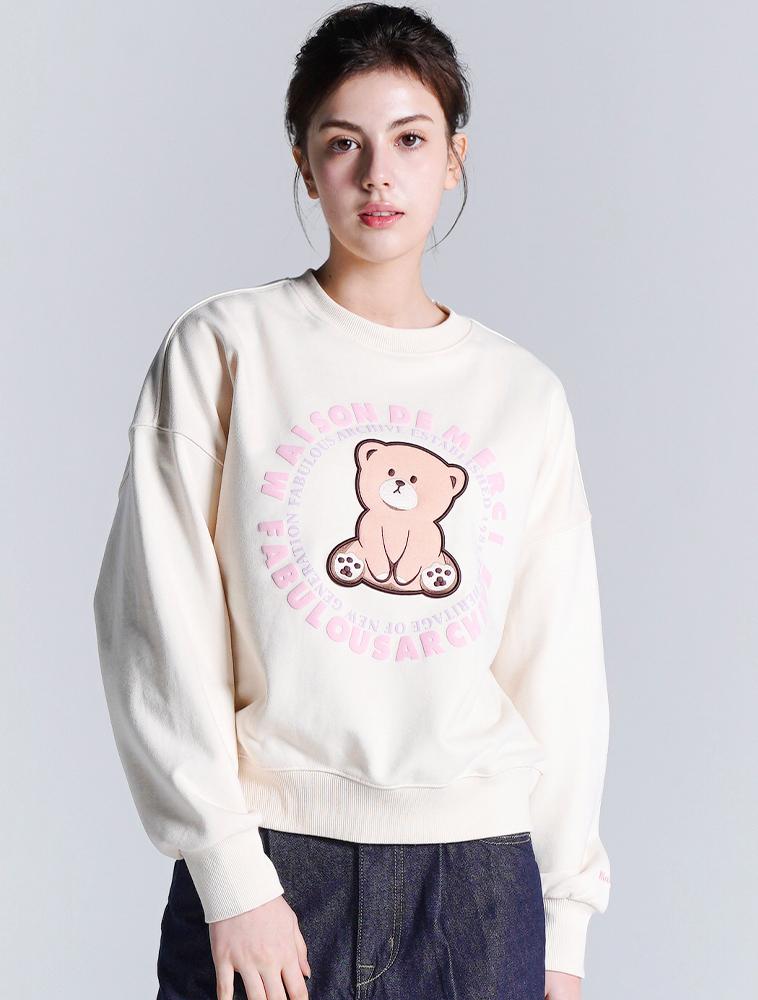 LA MAISON STUDIO Women'S Crop Little Bear Friends 3D Sweatshirt Cream (Fcd1Ts202W)