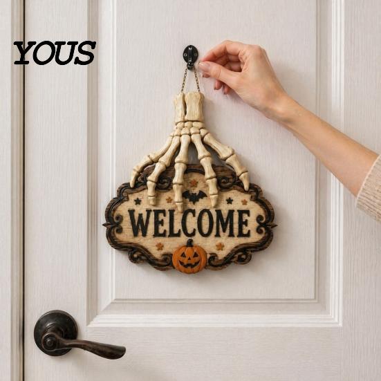 Handmade Hemp Rope Plaque Skeleton Hand Door Welcome Sign, Halloween Pumpkin Bat Pattern Decor, Vintage Lace Texture Sign Wall Hanging Plaque,
